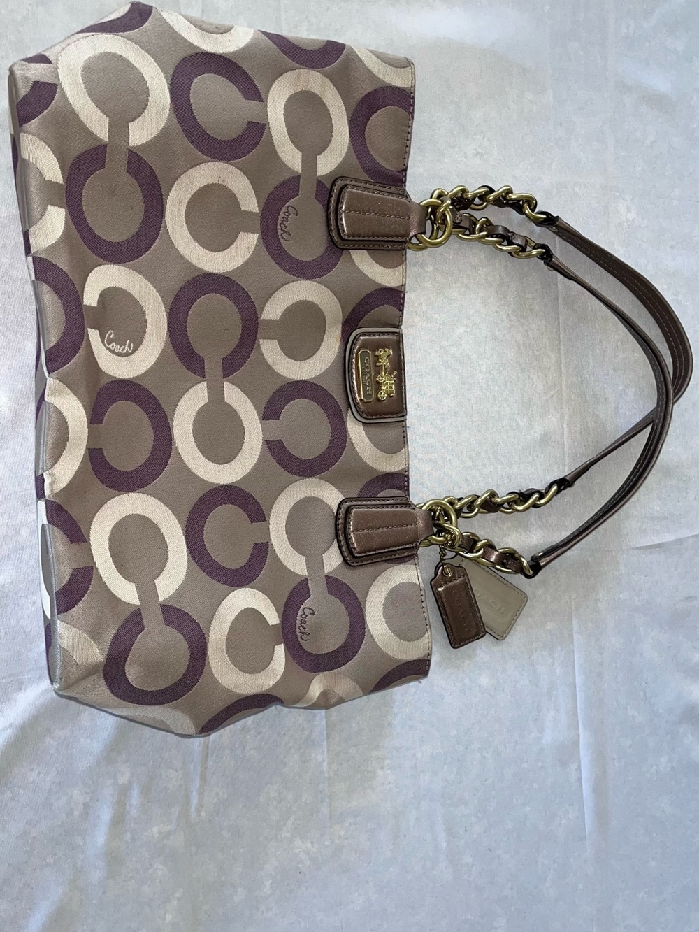 Coach Signature C Shoulder Bag Purple Taupe Gold Chain Y2K Retro Large Tote